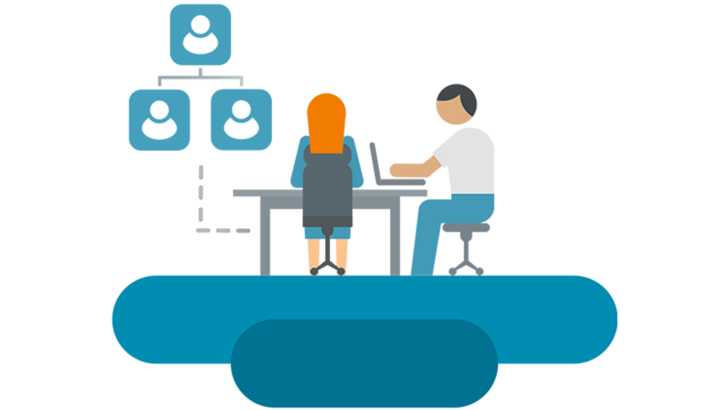 [Translate to uk:] Illustration of 2 people at a desk, talking with chat symbols above their heads